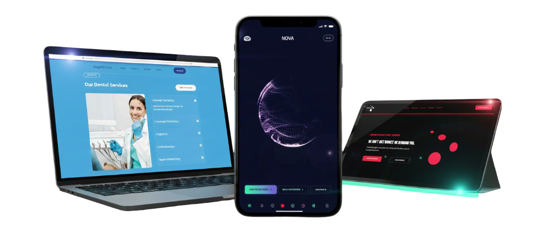 Laptop displaying a dental services website, smartphone with a dark, abstract background, and a tablet with a black and red design.