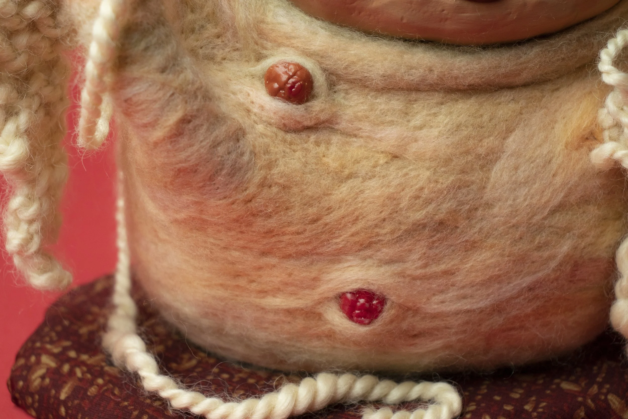 Growing Natural Pivot.

Polymer clay, dyed merino wool, handspun yarn, knitting needles, crochet hook, on wood 
25 x 23 x 17 cm 
2023