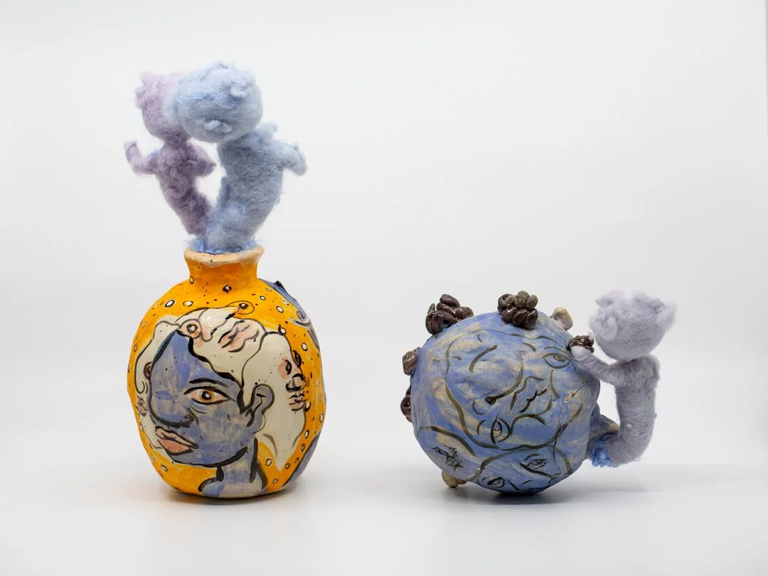 Can’t Break My Spirit
Porcelain and amaco underglazes
Mid-range Cone 6 (1220°C) 
Coil & Pinch pot built 
33 x 15 x 13 & 17 x 18 x 13 cm
2026 
