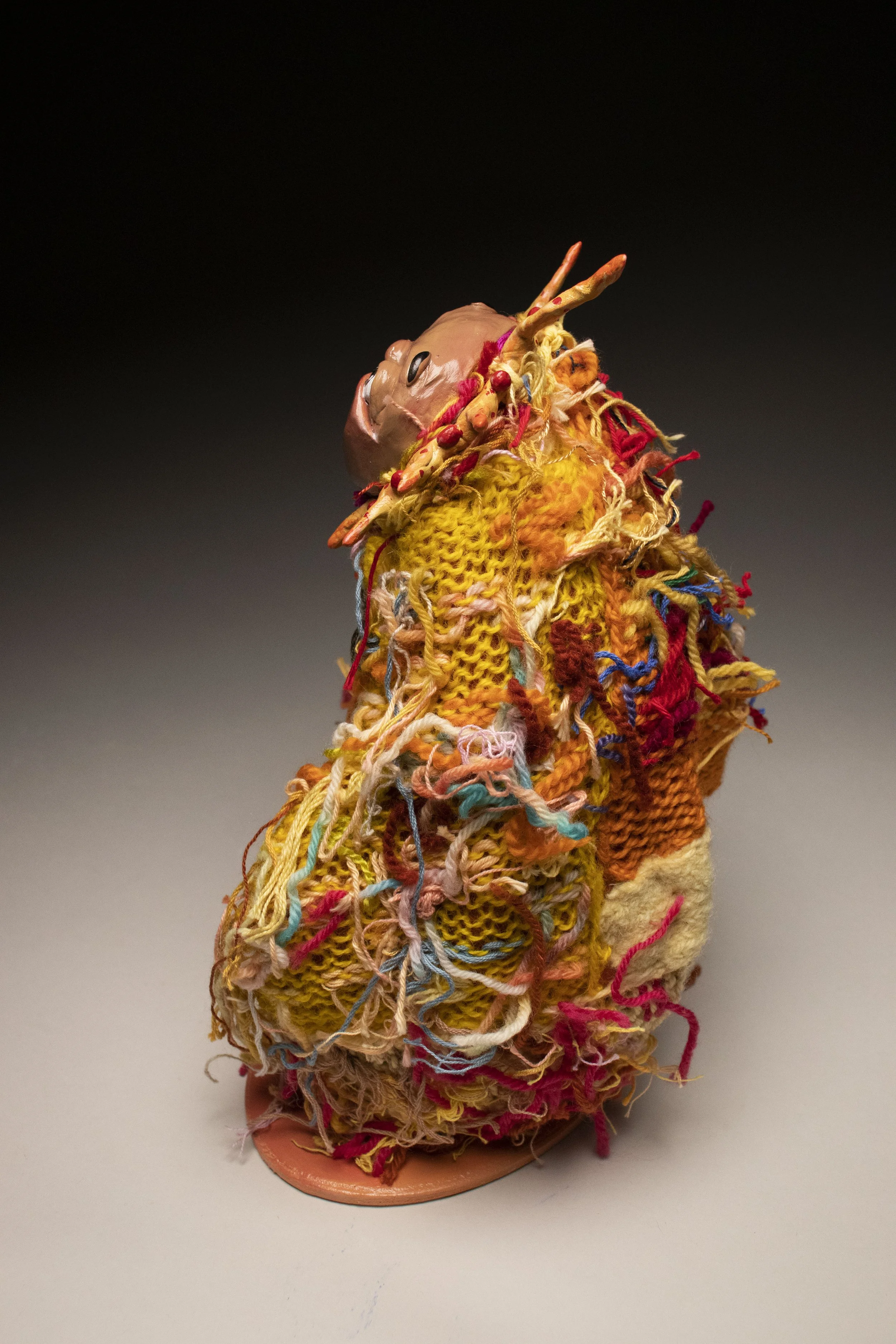 Happy Yellow.

Polymer clay, wire, acrylic paint, yarn on wood 
30 x 18 x 13 cm
2023