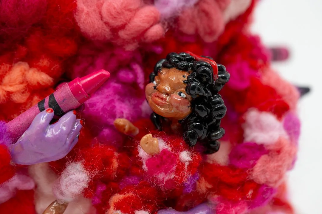 Creativity Creature and Me.
Polymer clay, dyed wool, wire, wood, acrylic paint 
27 x 22 x 18 cm 
2025
