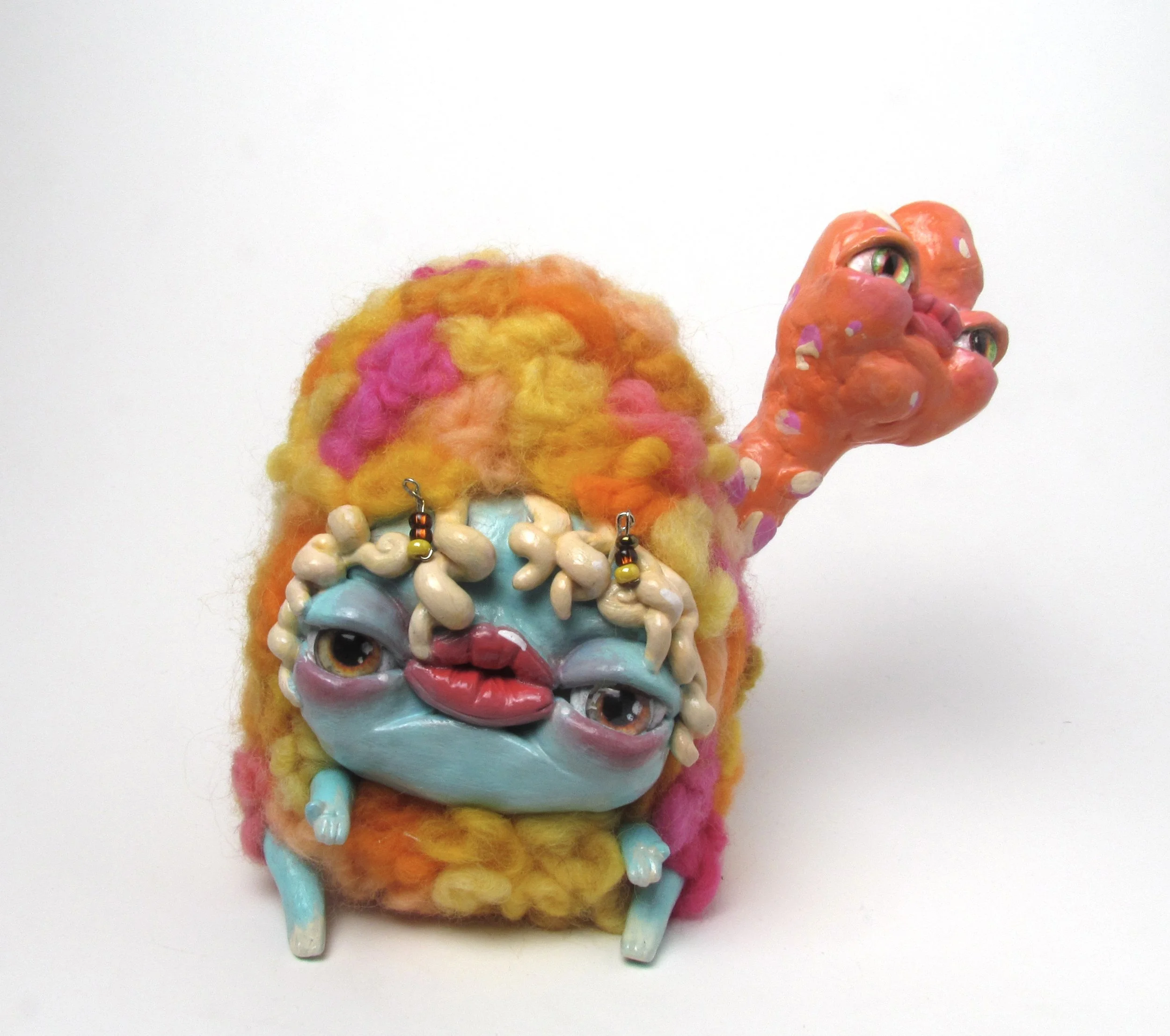 Just hanging out.

Polymer Clay, air dry clay, dyed wool, wire, acrylic paint 
14 x 14 x 10 cm
2024