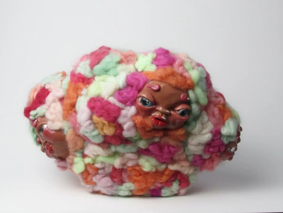 Blue Monster and Three Heads.

Polymer clay, dyed wool, acrylic paint, wire 
15 x 22 x 11 cm 
2024