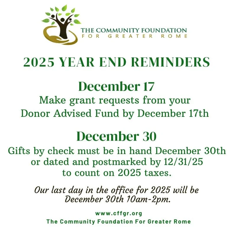 It's the most wonderful time of the year for giving! 

Please note our year end deadlines so we can make all your charitable gifts on time.