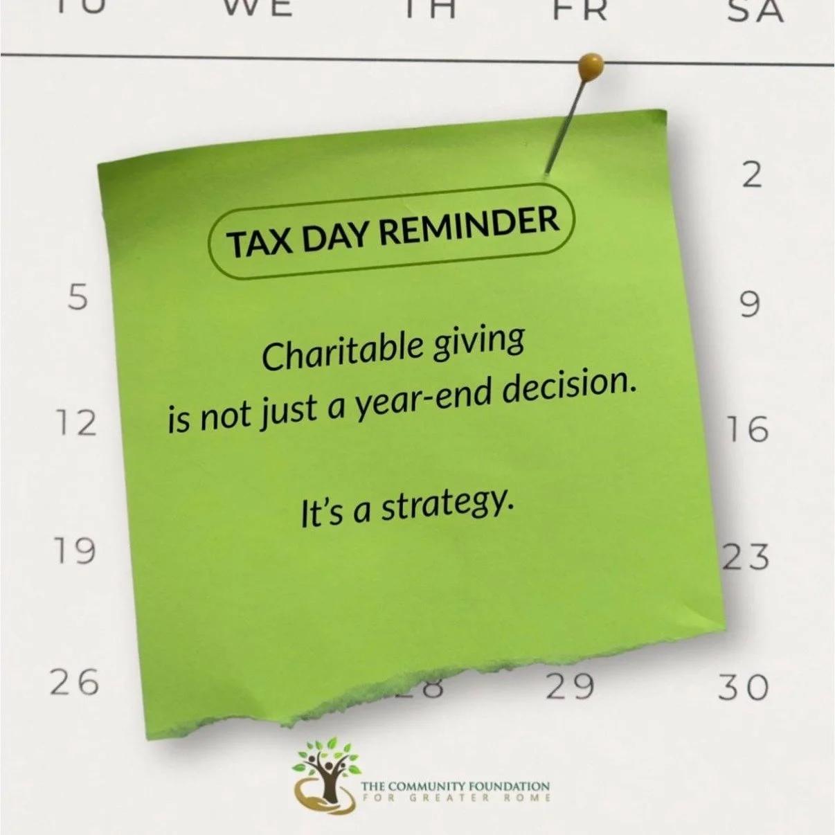 Wednesday is Tax Day.

For many, it&rsquo;s also a reminder that charitable giving can be a meaningful part of financial planning&mdash;not just at year-end, but throughout the year.

Donor-advised funds and other tools can help align generosity with
