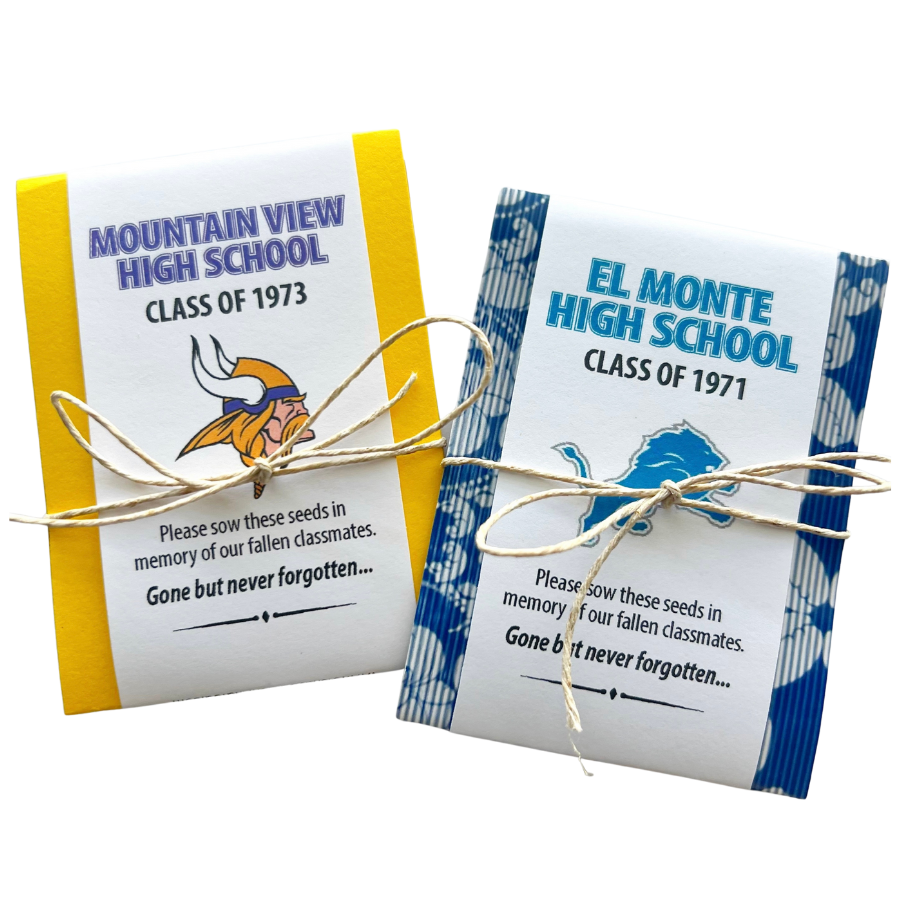 Personalized high school reunion seed packet favors with class year and memorial message to honor classmates who have passed away.