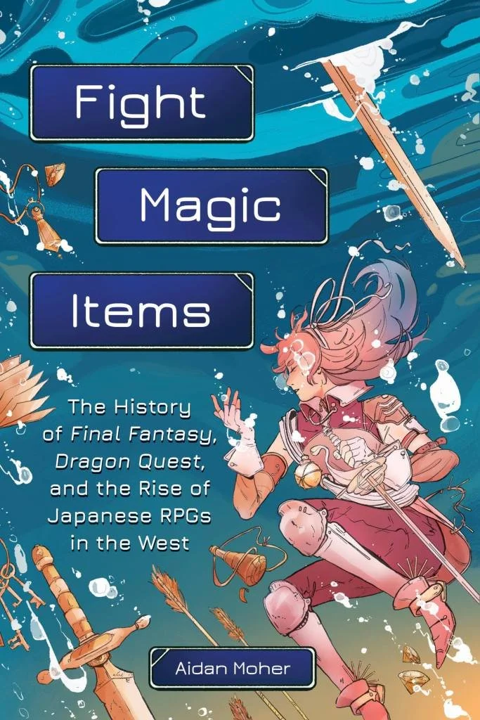 the cover of Fight Magic Items showing an illustration of a JRPG-style character underwater with arrows, swords, and treasure falling down