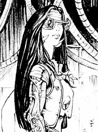 A woman with long dark hair looks at the viewer with her one eye. The other eye is a lens, she has a cybernetic arm and cables hang behind her.