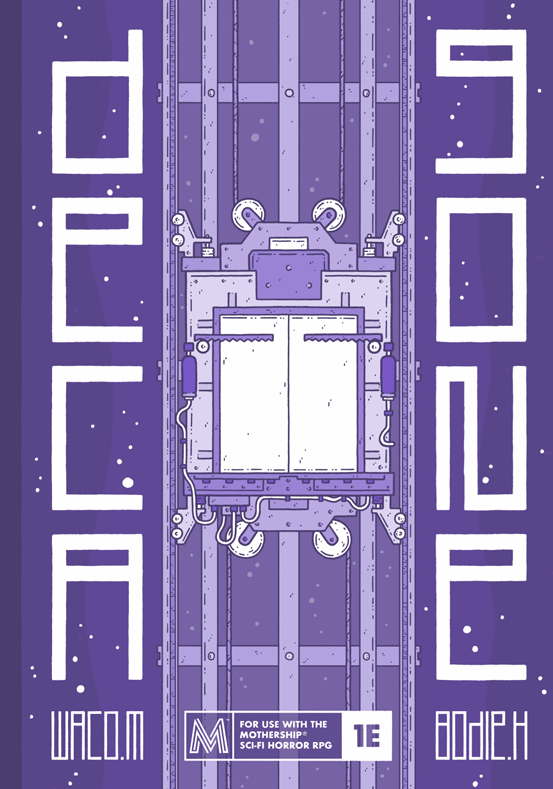 Purple and white cover od Decagone showing an elevator descending