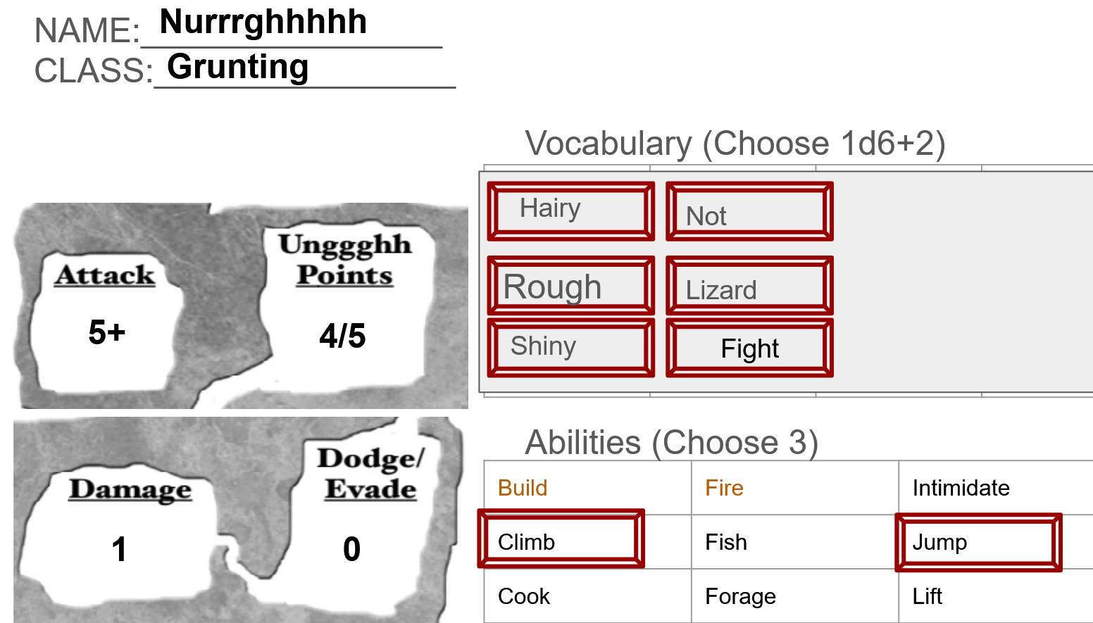 Character sheet for Nurrrghhhh, a Grunter