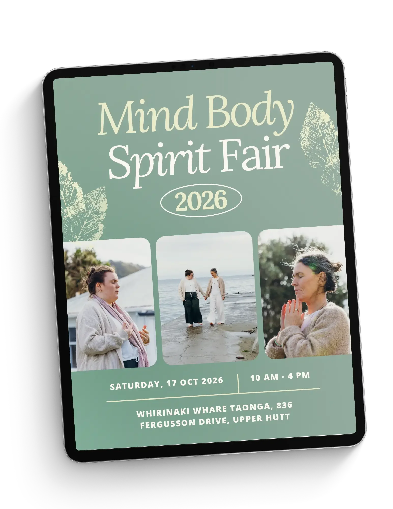 advertising image with photo of natasha piper working with energy infront of a property, vicki and natasha at the beach walking hand in hand, vicki wallace in meditation out in nature, mind body spirit fair text sat 17th oct 2026, 10 - 4 pm whirinaki
