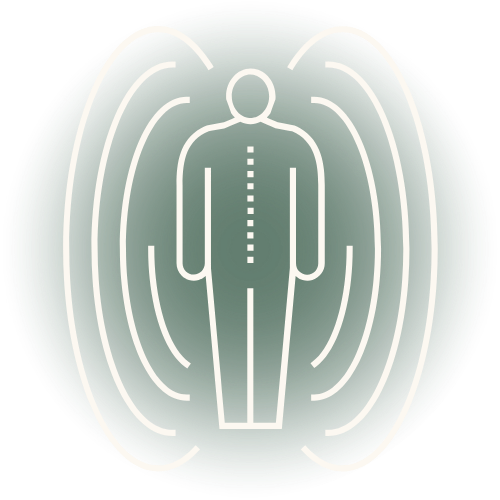 Graphic drawing of a human body radiating energetic field representing mind body spirit.