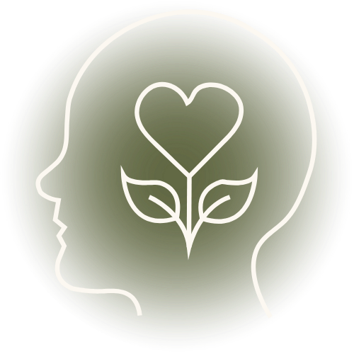 graphic drawing of human head and face with love heart shaped plant growing inside representing awareness growth energetic relationships