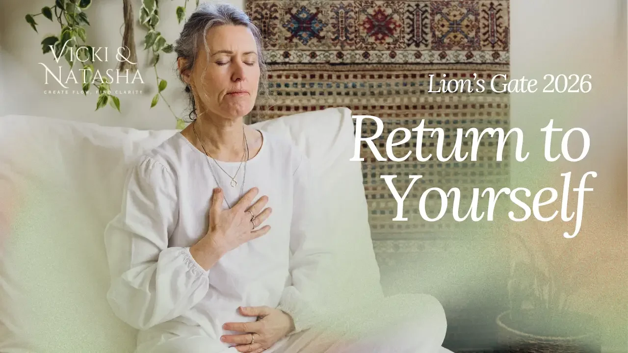 Vicki Wallace guiding the Lion’s Gate 2026 meditation, with the words Return to Yourself.