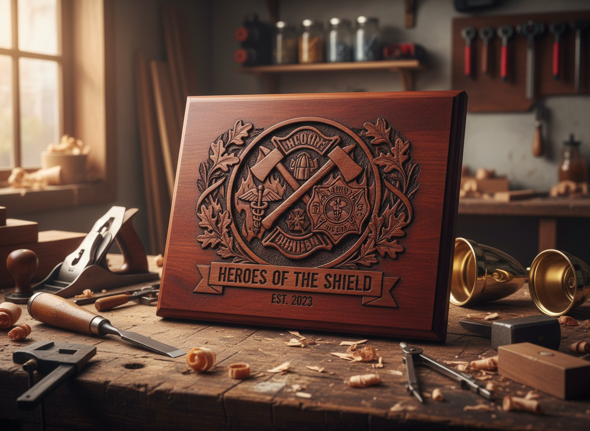 A craftsmanship workspace with a wooden shield plaque engraved with fire department symbols, including axes, a caduceus, and a badge, inscribed with 'Heroes of the Shield' and 'Est. 2023', surrounded by woodworking tools and shavings.