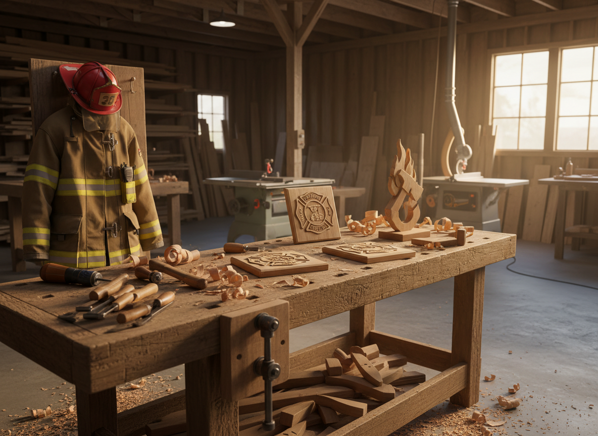 Custom woodworking workshop in Northeast Georgia with firefighter gear, workbench, wood shavings, and handcrafted plaques and trophies in progress—specializing in personalized gifts for firefighters, police, military, and first responders.