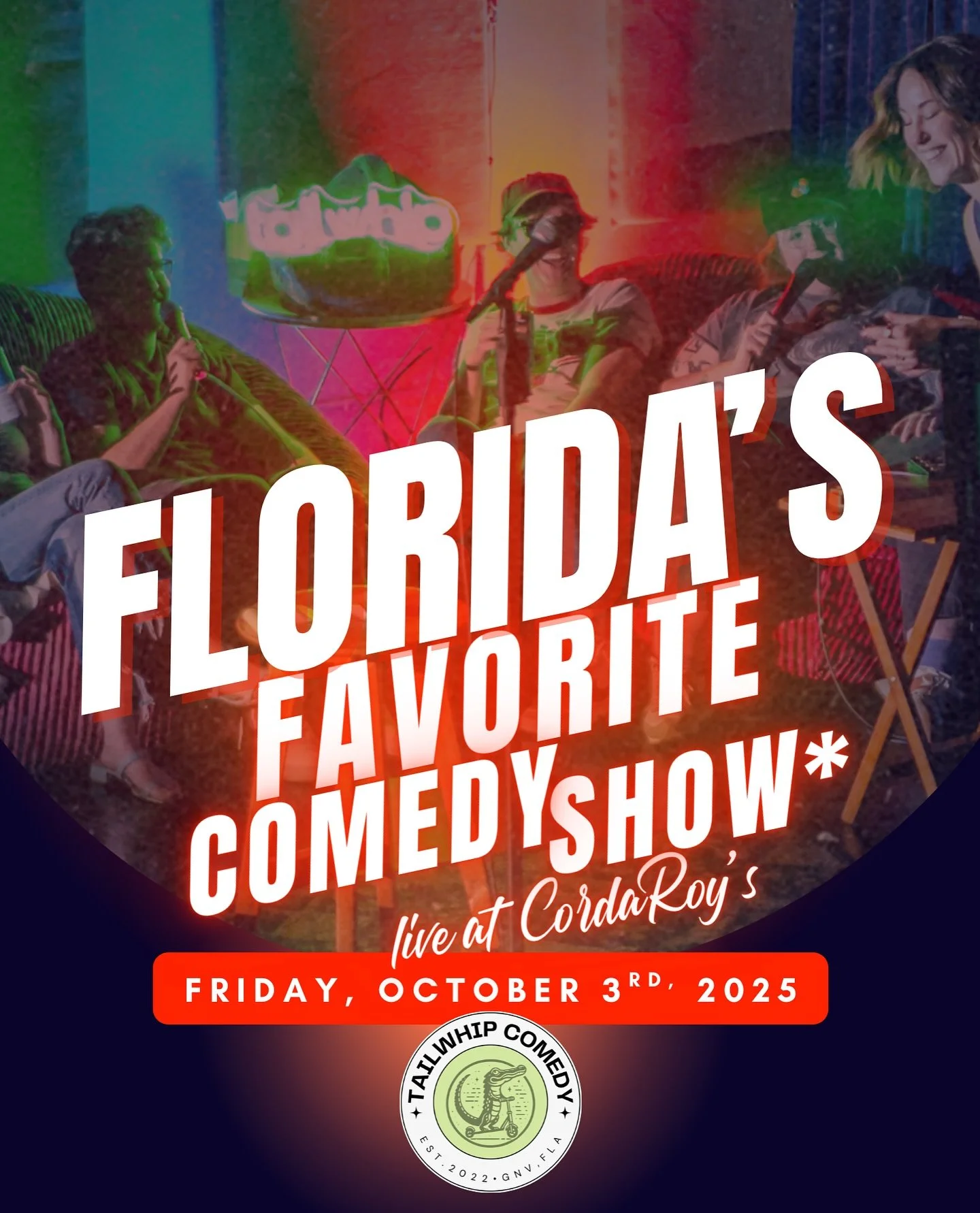 Tickets available at tailwhip.multipass.com 🤘
Join us at CordaRoy&rsquo;s for a night of live comedy featuring Florida&rsquo;s Favorite comedians! Grab a drink, grab a seat, and let us entertain you on Friday, October 3rd.