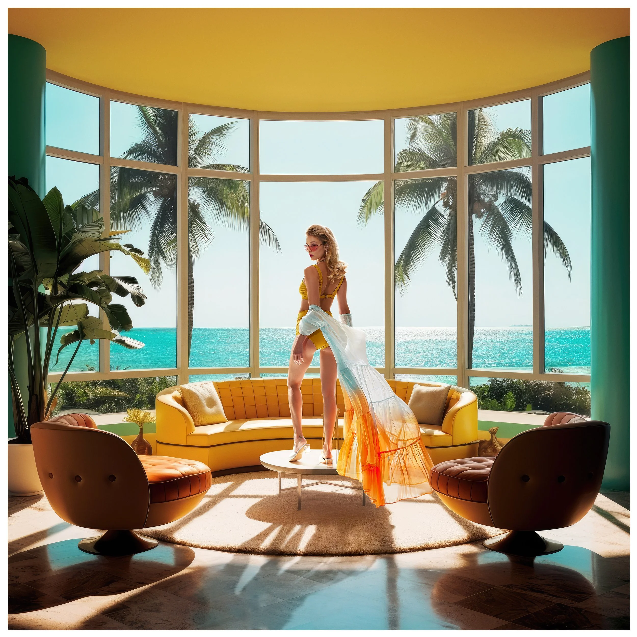A woman standing on a coffee table in a sunlit room with large windows, overlooking a beach with palm trees and the ocean.