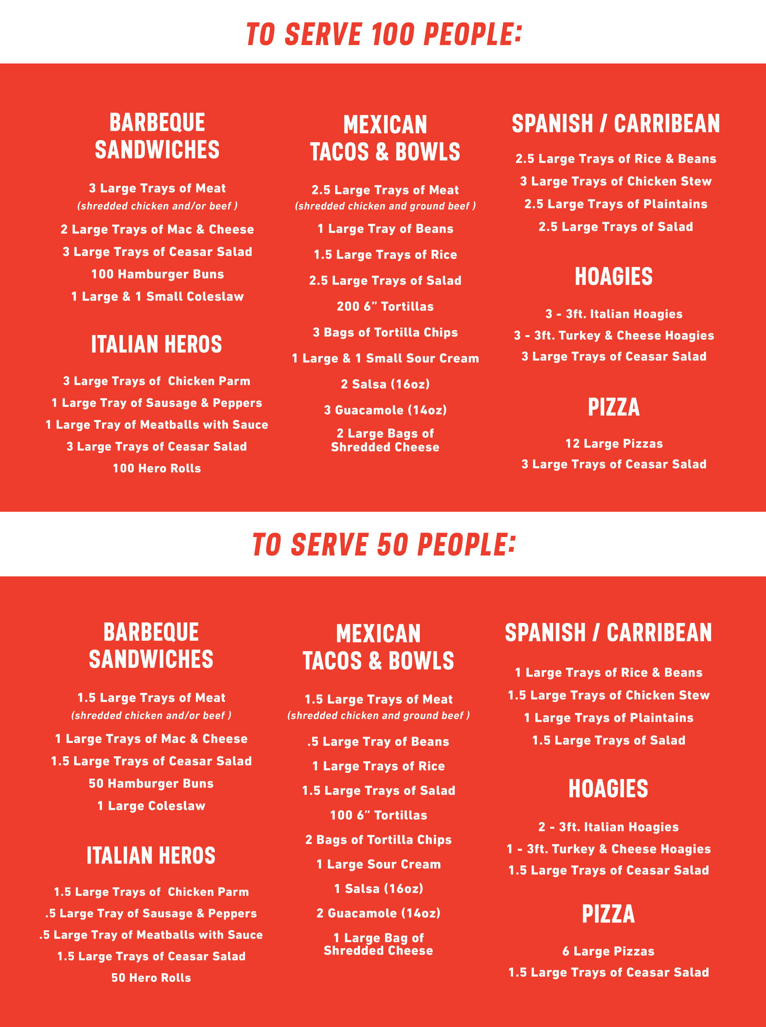 Menu listing food options for serving 100 and 50 people, including categories for barbecue sandwiches, Mexican tacos and bowls, Spanish and Caribbean dishes, hoagies, and pizza, with detailed serving sizes and items for each category.