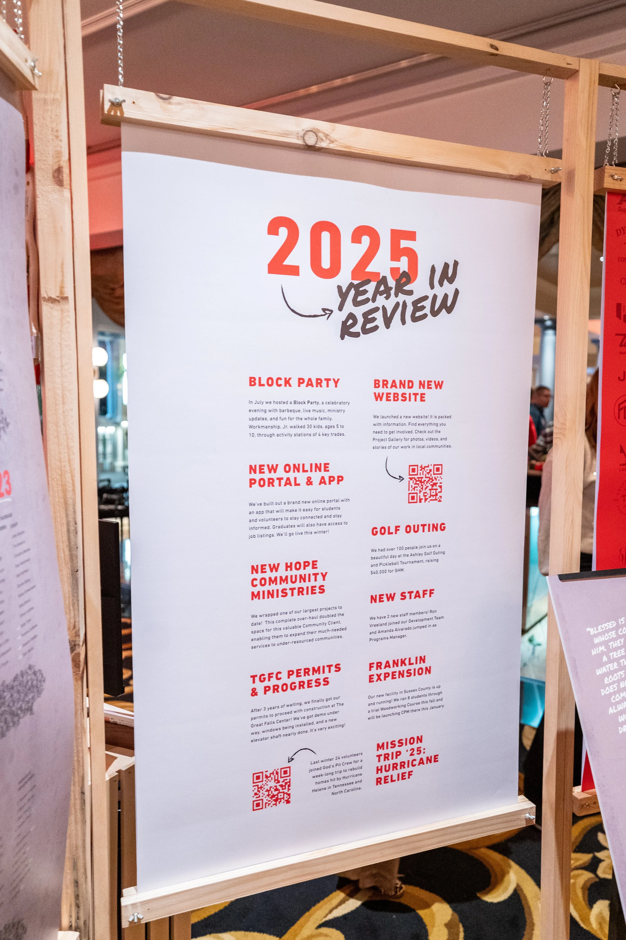 A vertical poster titled '2025 Year in Review' with various event summaries and QR codes, mounted on a wooden frame inside a room with patterned carpet, at some kind of event or conference.