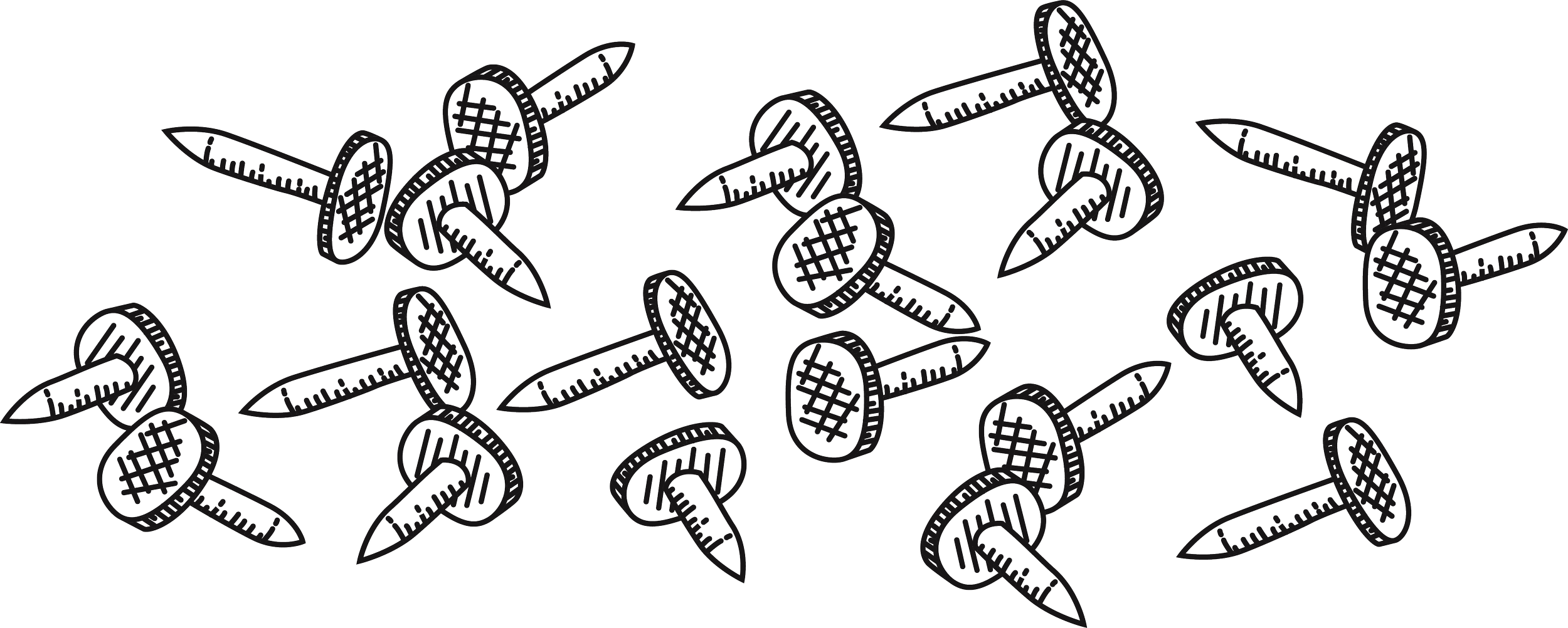 Black and white illustration of multiple sewing needles with threaded eyes, scattered randomly.