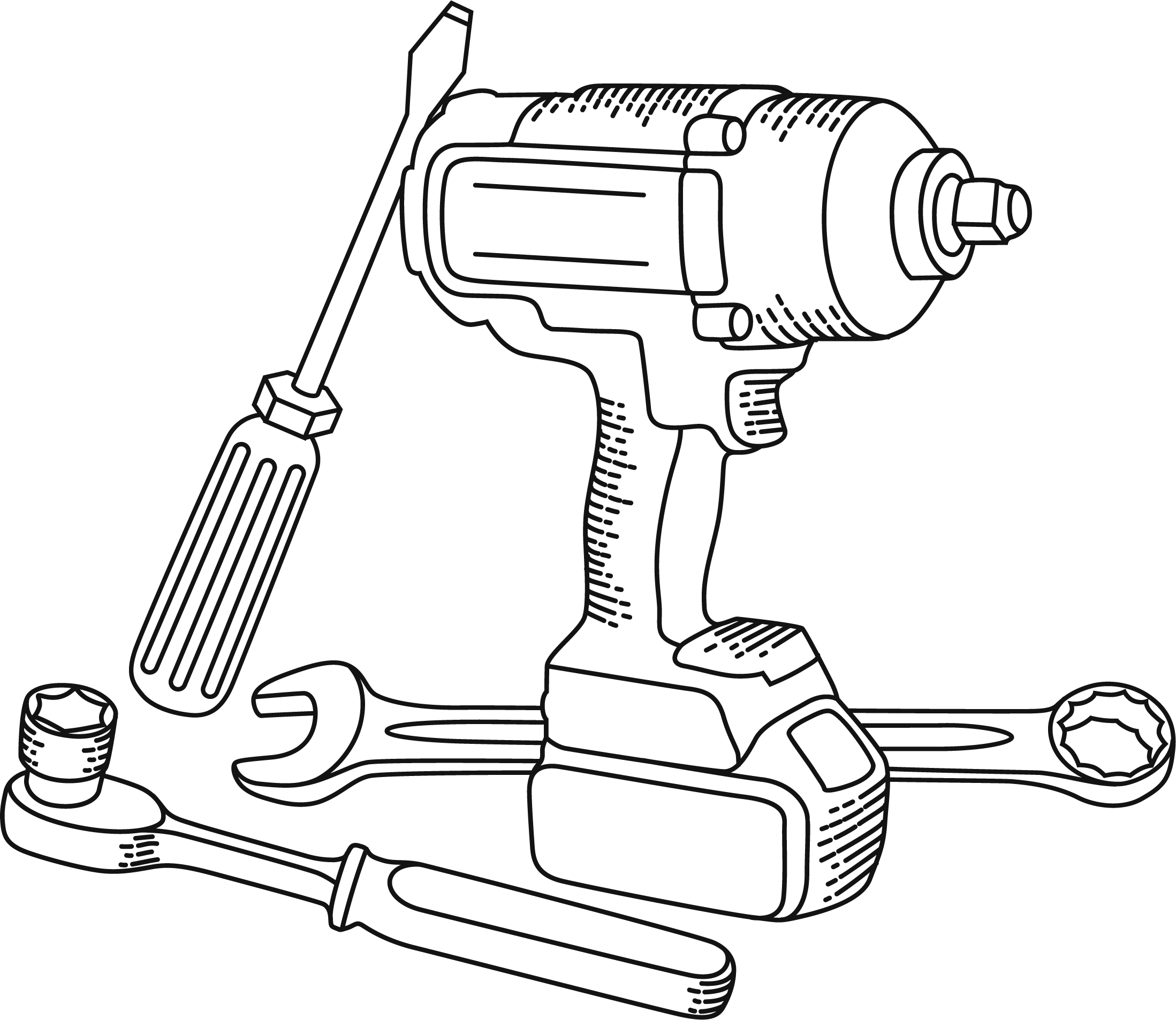 Outline drawing of a cordless power drill with a screwdriver bit, socket wrenches, a socket, and a wrench.