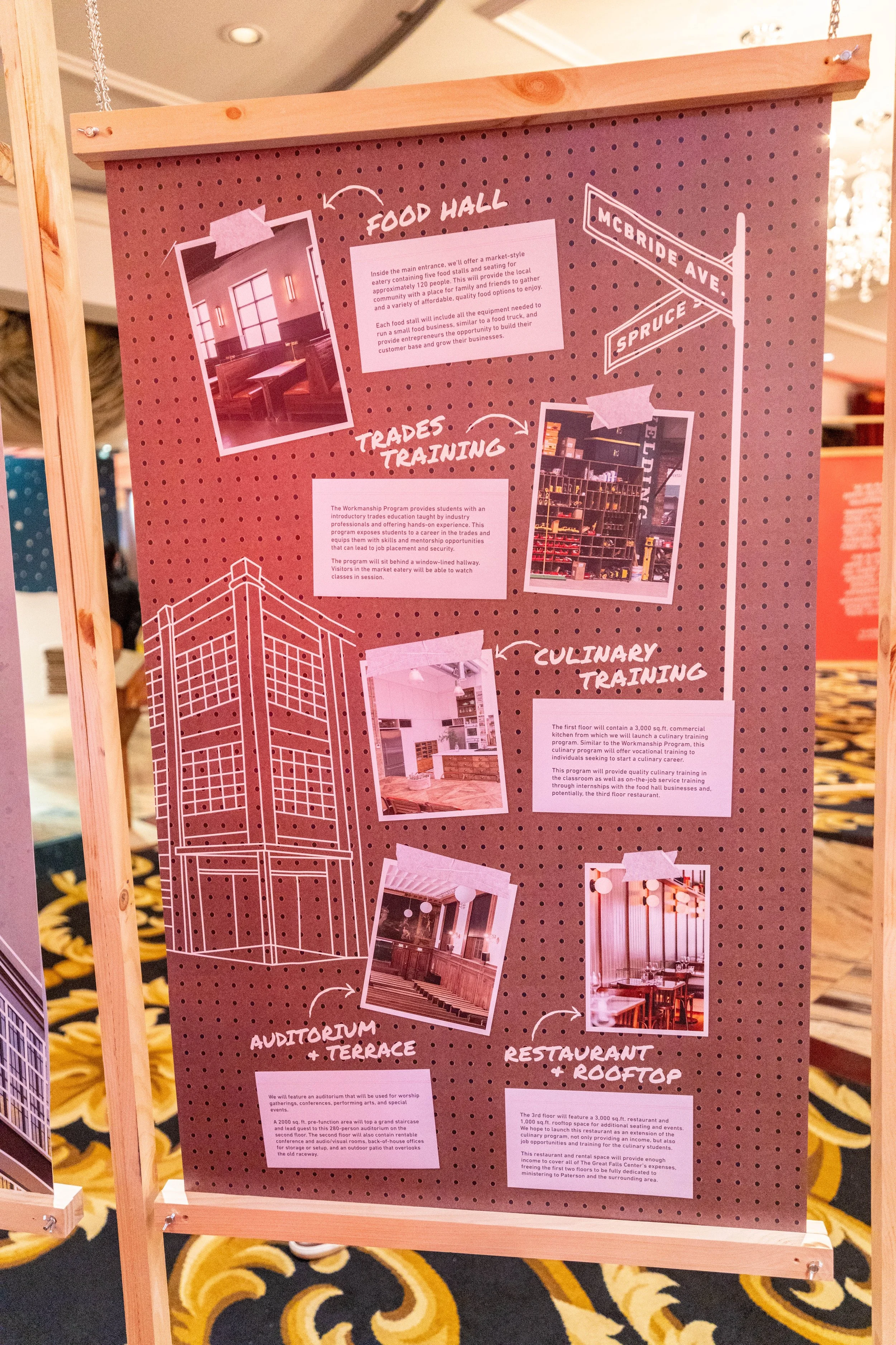 An informational display board with a burgundy background and black polka dots, featuring sections on food hall, trades training, culinary training, auditorium and terrace, and restaurant and rooftop, with some images, illustrations, and text explain