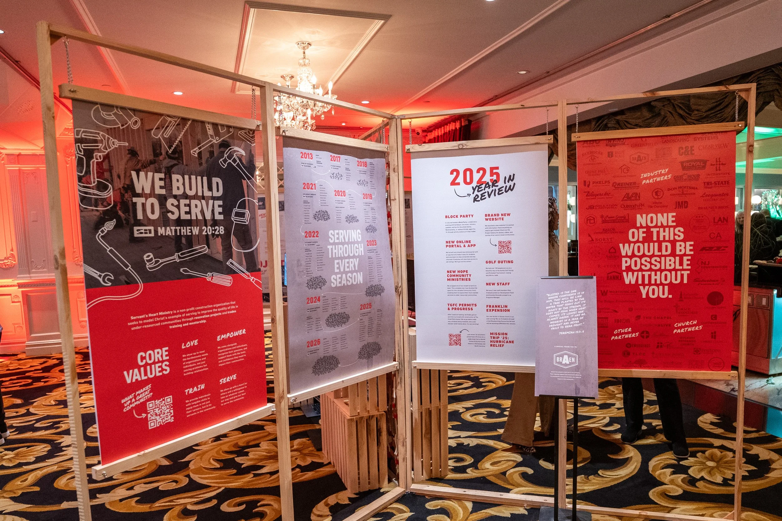 Exhibition display boards with information and graphics at an indoor event, featuring various texts including 'We Build to Serve,' '2025 Year in Review,' and 'None of This Would Be Possible Without You.'