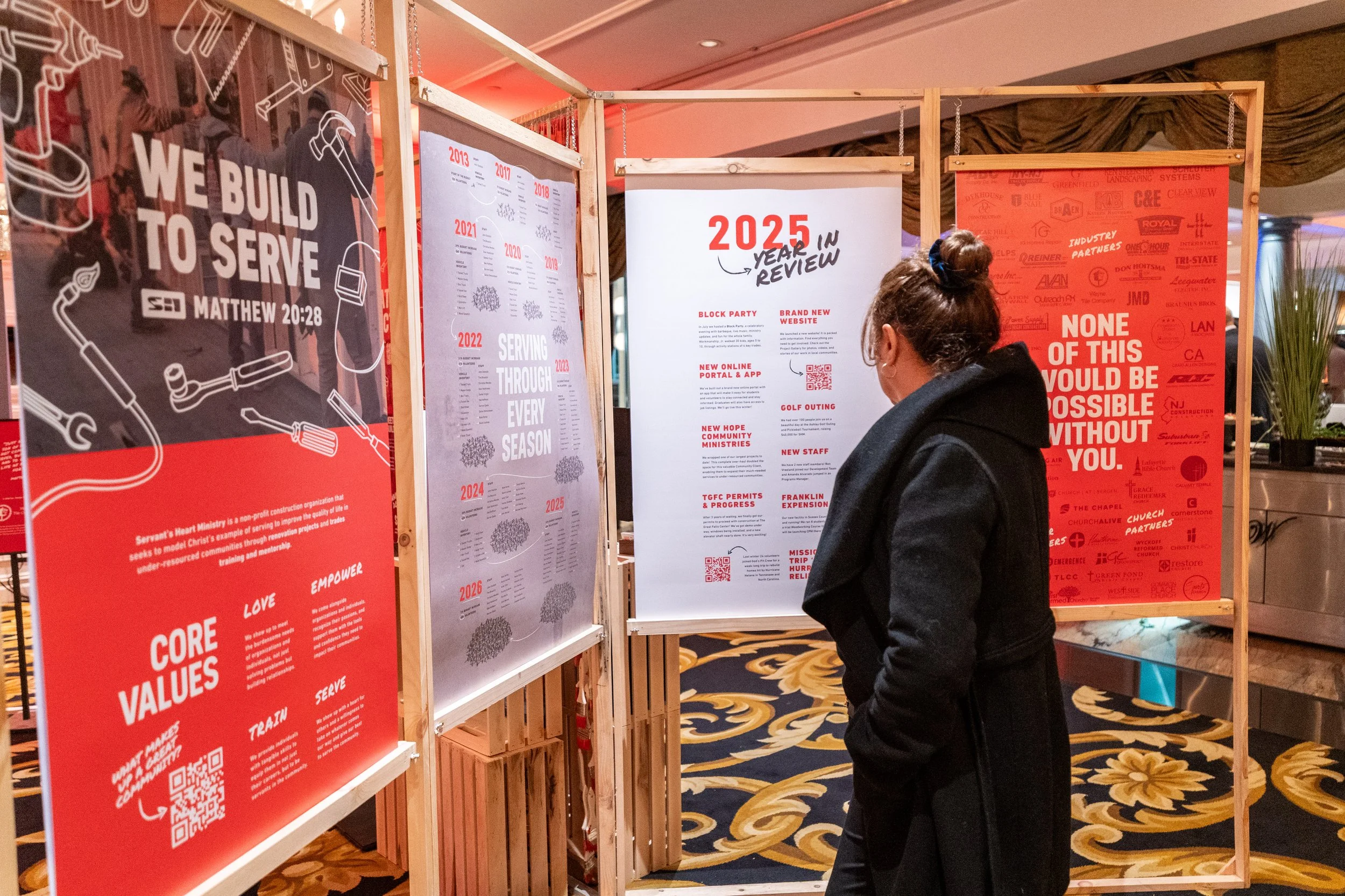 Person standing and reading a 2025 year in review poster at an indoor event with multiple infographic posters on wooden frames.