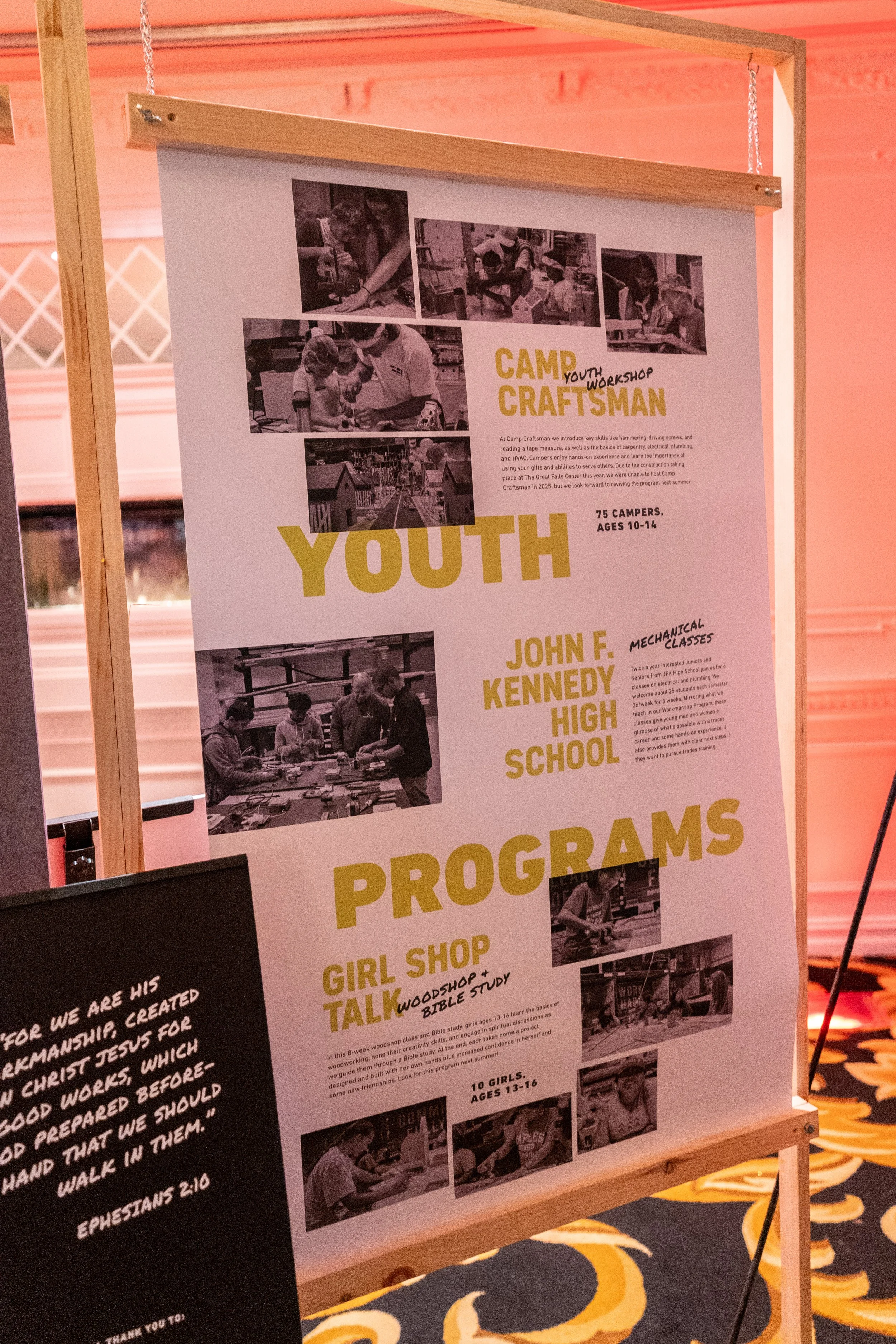 An informational poster titled 'Camp Craftsman Youth' detailing various youth programs, including workshops at John F. Kennedy High School such as Girl Shop Talk, with black and white photographs of children and adults participating in workshops.
