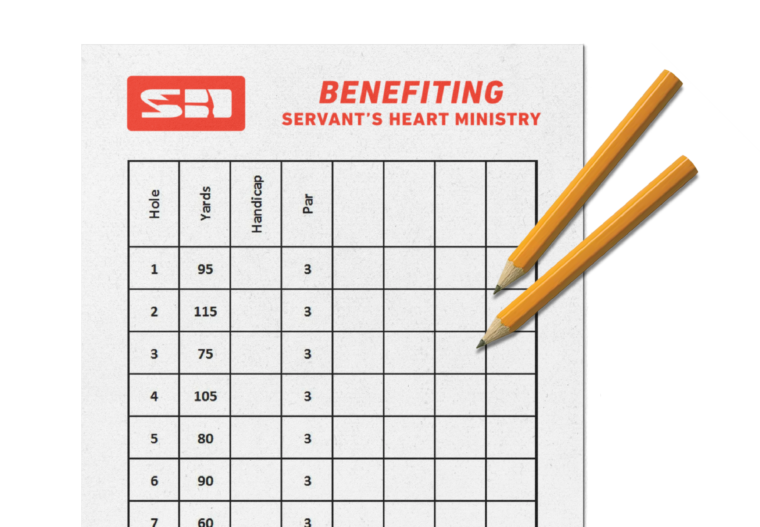 Golf scorecard for benefiting Servant's Heart Ministry with columns for hole, yards, handicap, and par, and two yellow pencils placed on it.