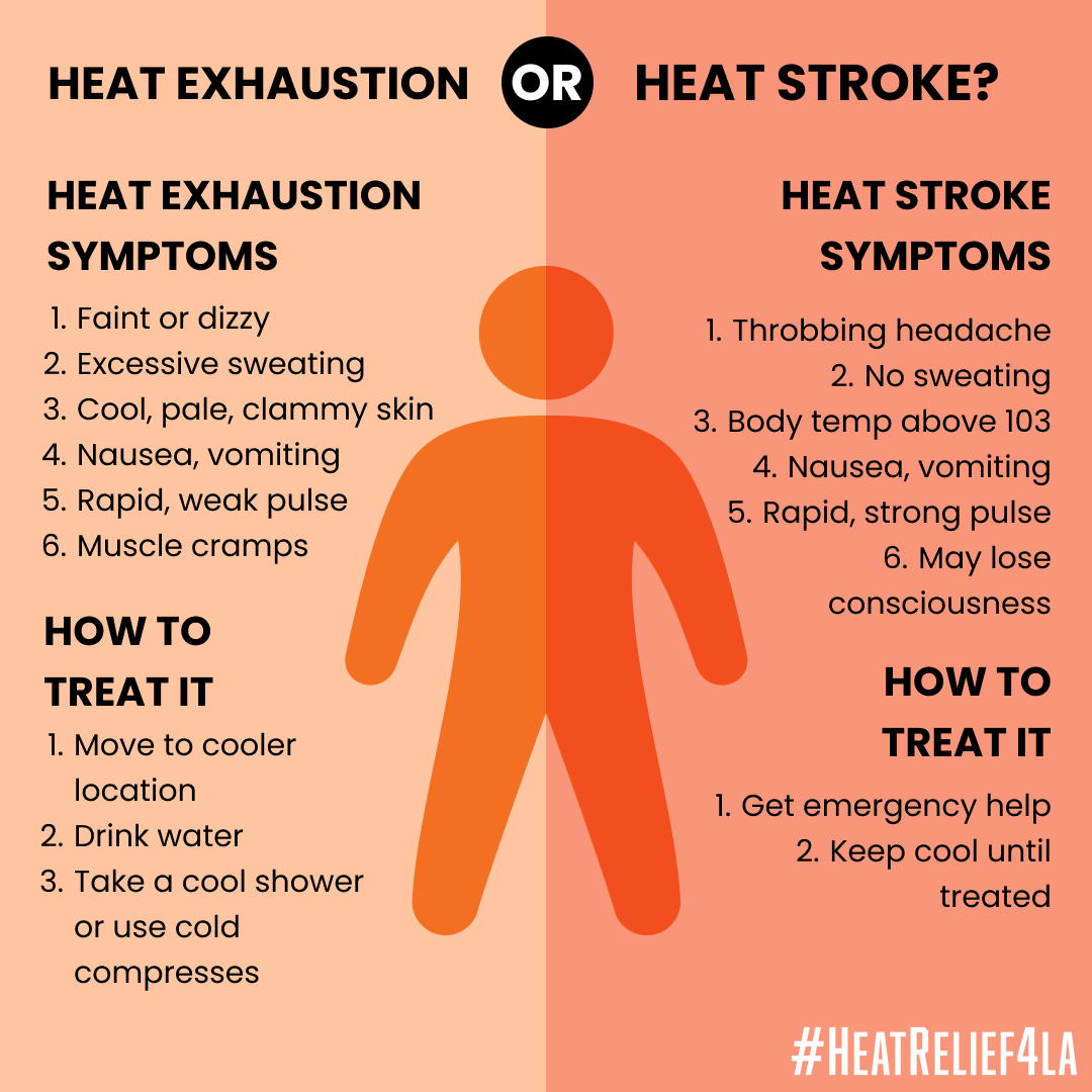 Comparison chart contrasting heat exhaustion and heat stroke symptoms and treatment, with a human figure in the center, divided into two halves for each condition.