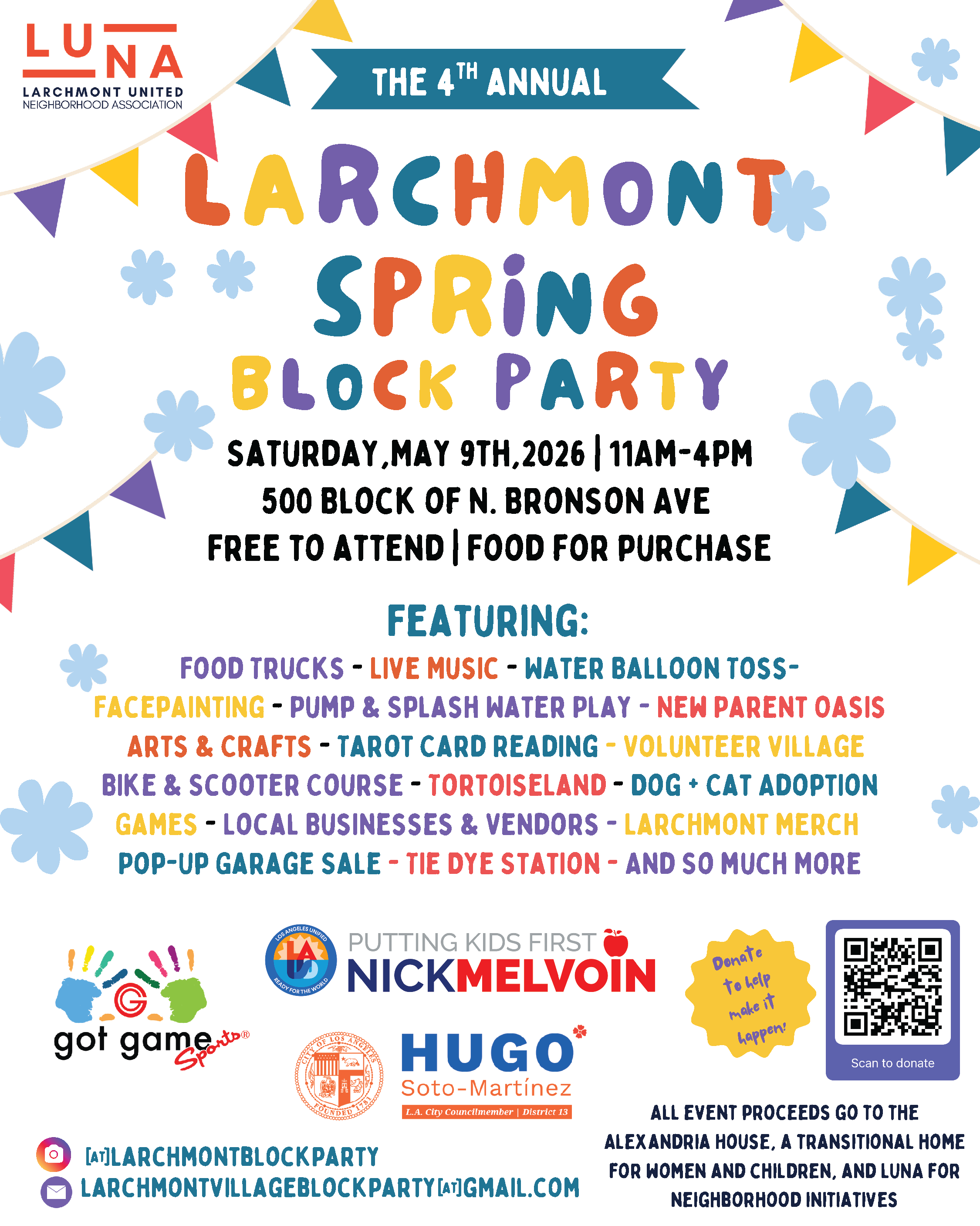 Flyer for the 4th annual Larchmont Spring Block Party on Saturday, May 9th, 2026, 11am-4pm at 500 Block of N. Bronson Ave, featuring food trucks, live music, water balloon toss, face painting, pump and splash water play, arts and crafts, petting zoo, dog and cat adoption, games, vendors, and other activities. Includes logos, colorful banners, and QR code for donations.