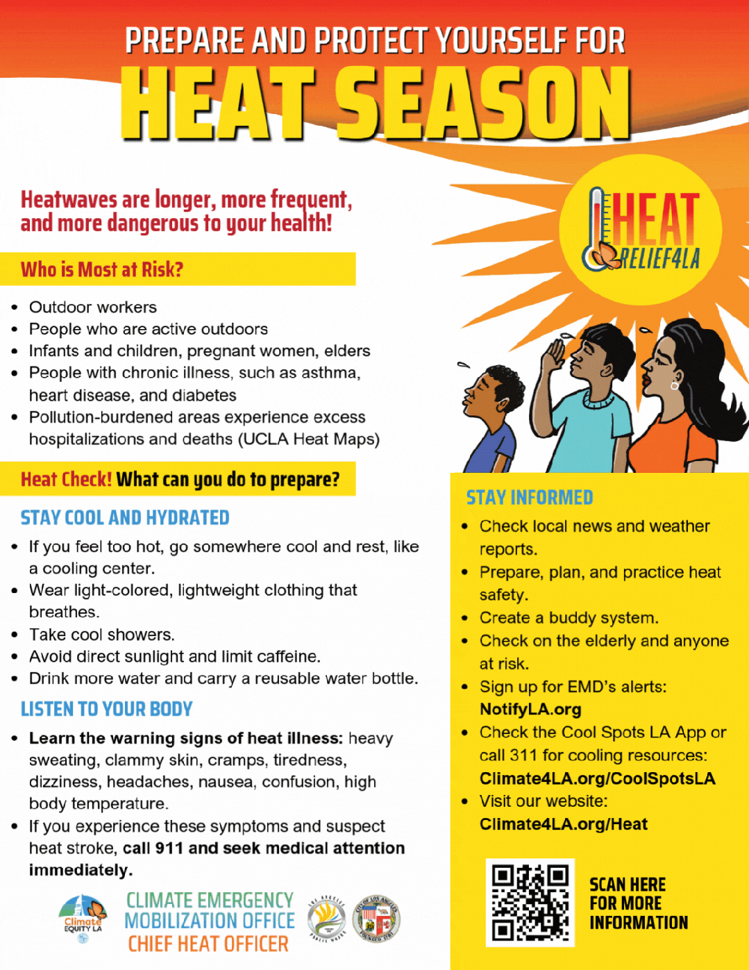 Infographic reminder about preparing and protecting yourself for heat season, highlighting risks, symptoms, and precautions during heat waves with colorful text and illustrations of people dealing with heat.
