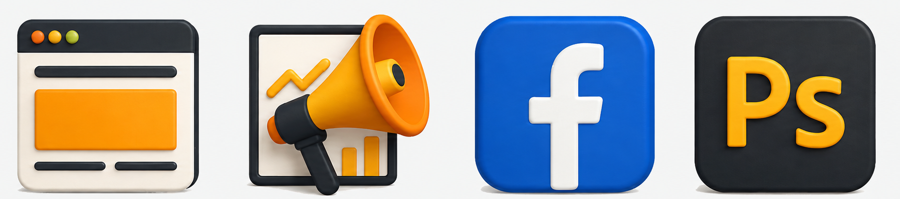 Graphic of icons including web design, digital marketing, Facebook, and Adobe Photoshop