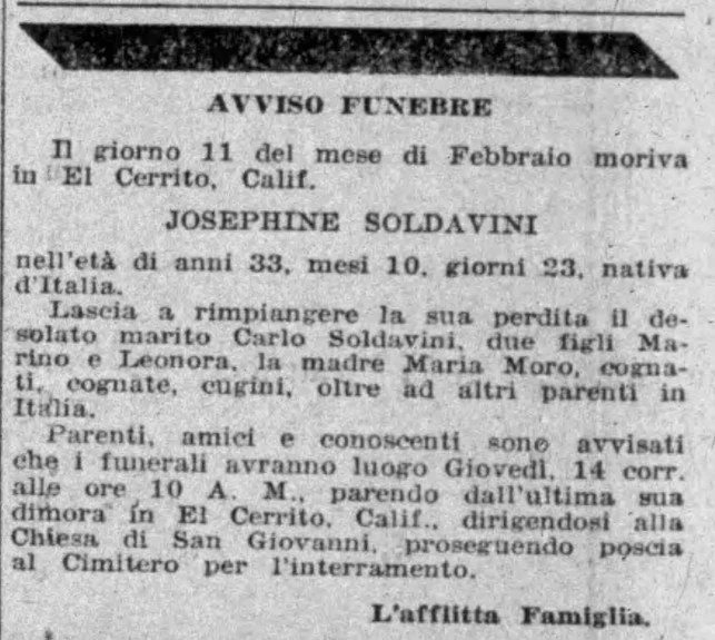 Josephine Soldavini's obituary published in the Italian newspaper, "La Voce Del Popolo" 
