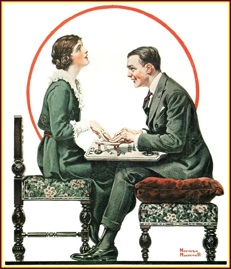 Famous Normal Rockwall picture of a Ouija board reading taking place.