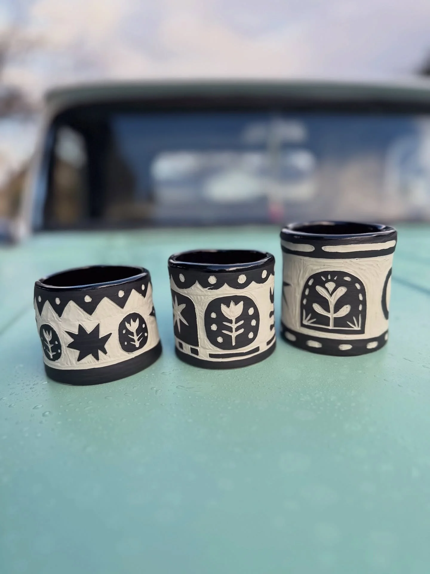 I&rsquo;m so happy that I had a little bit of time this winter to keep experimenting with these Sgraffito cups. I love how reminiscent of block printing they are. My hope is to find time to create more of them for my booth. For now, I&rsquo;ve got th