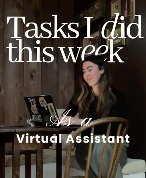 A woman sitting at a table in a cozy, wood-paneled room, smiling at her laptop, with the text overlay 'Tasks I did this week as a Virtual Assistant.'
