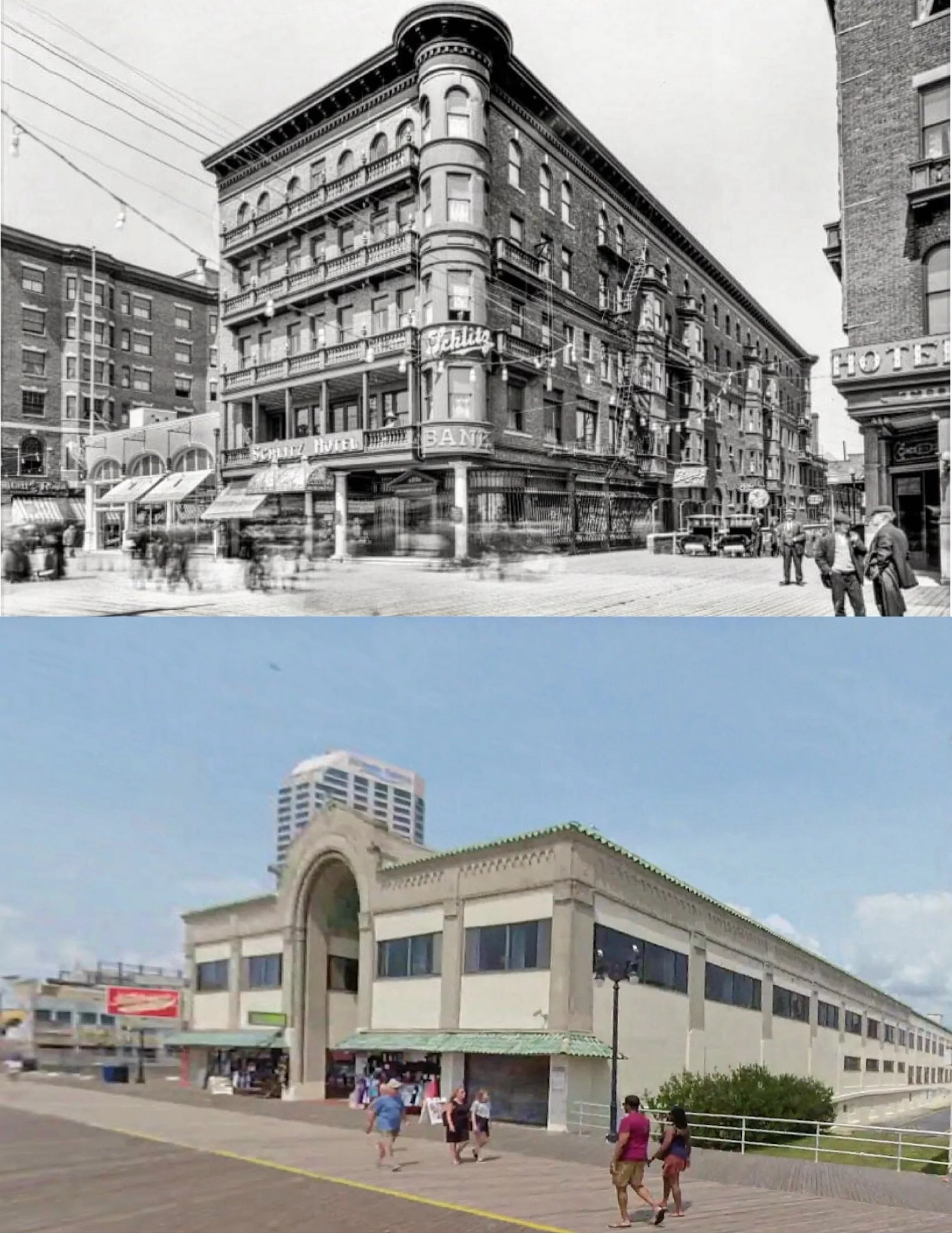 The Schlitz Hotel In 1910 and what remains today.
.
The Schlitz Hotel was one of the many grand Boardwalk hotels that helped define Atlantic City&rsquo;s golden age. Originally opened as the Waldorf-Astoria in 1898, it was later renamed the Schlitz H