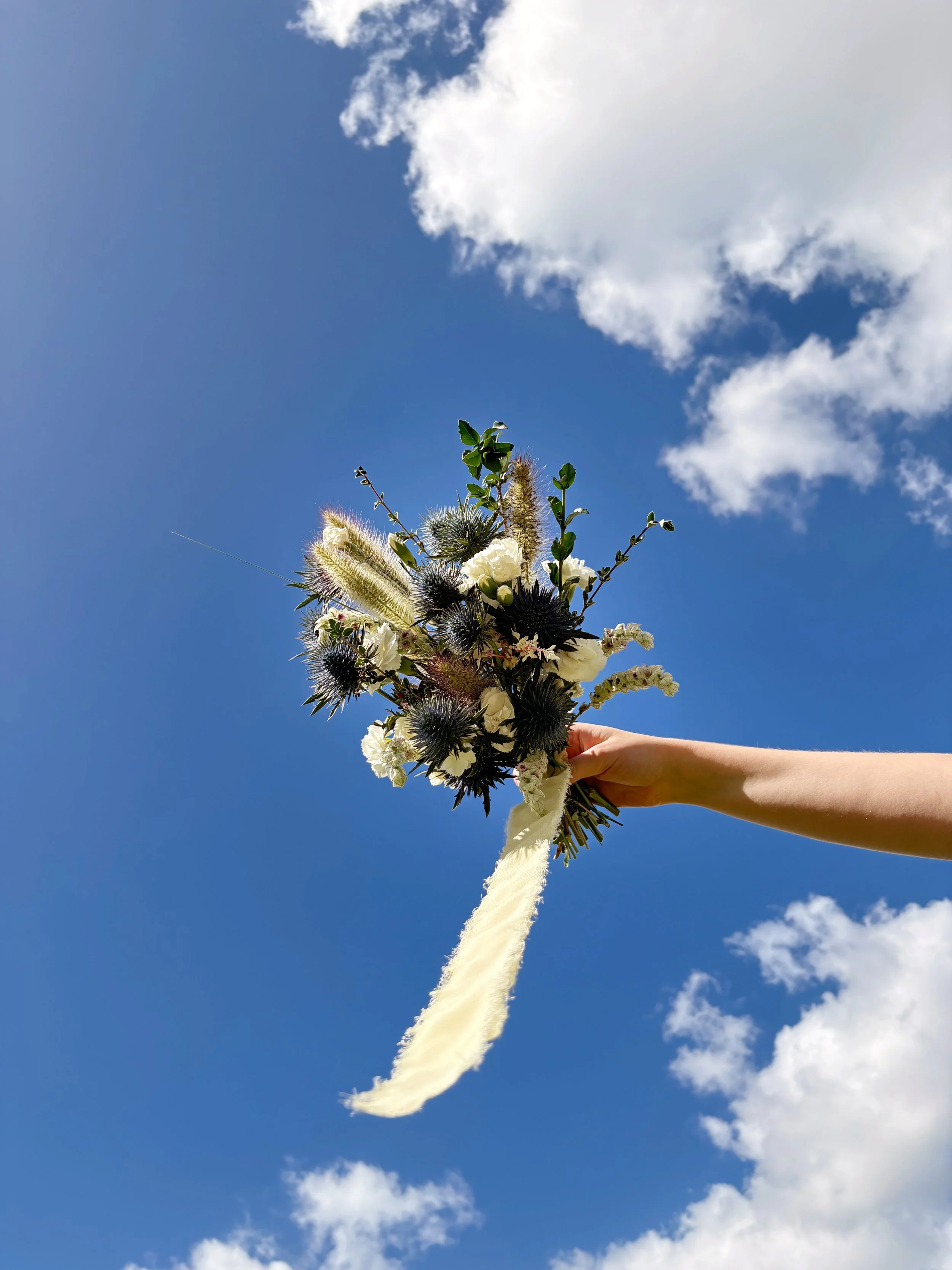 Person holding a bouquet of white and dark spiky flowers and greenery against a blue sky with clouds.