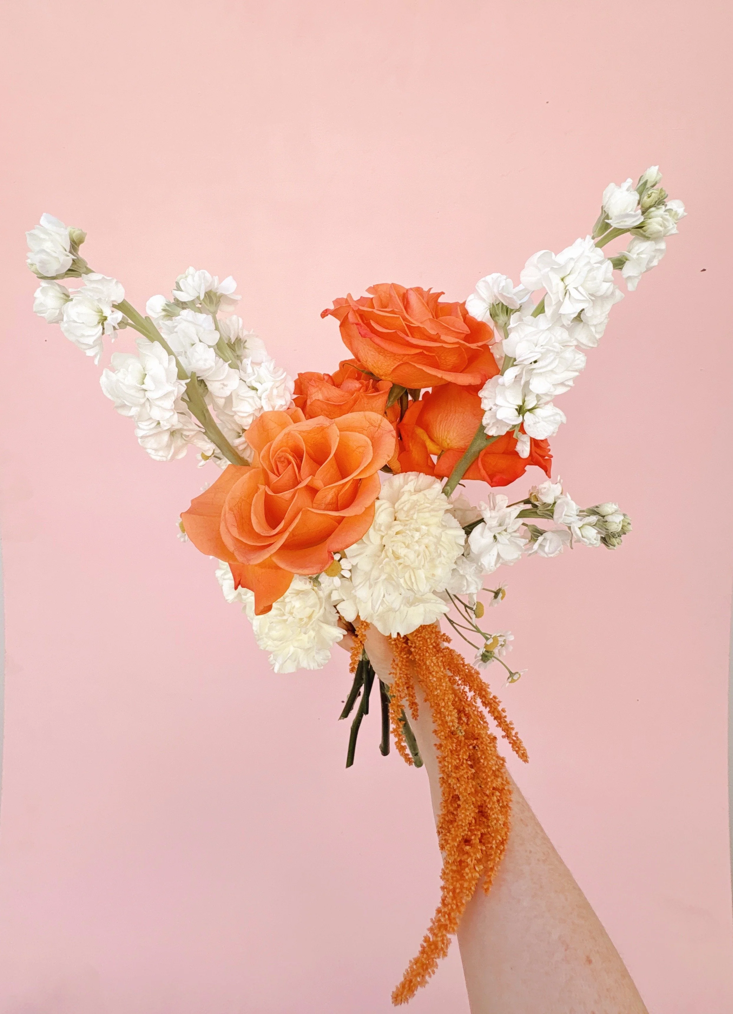 A hand holding a bouquet of orange roses, white carnations, and white stock flowers against a pink background.