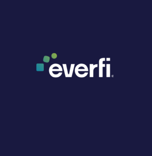 Everfi logo with green and blue dots on a dark background
