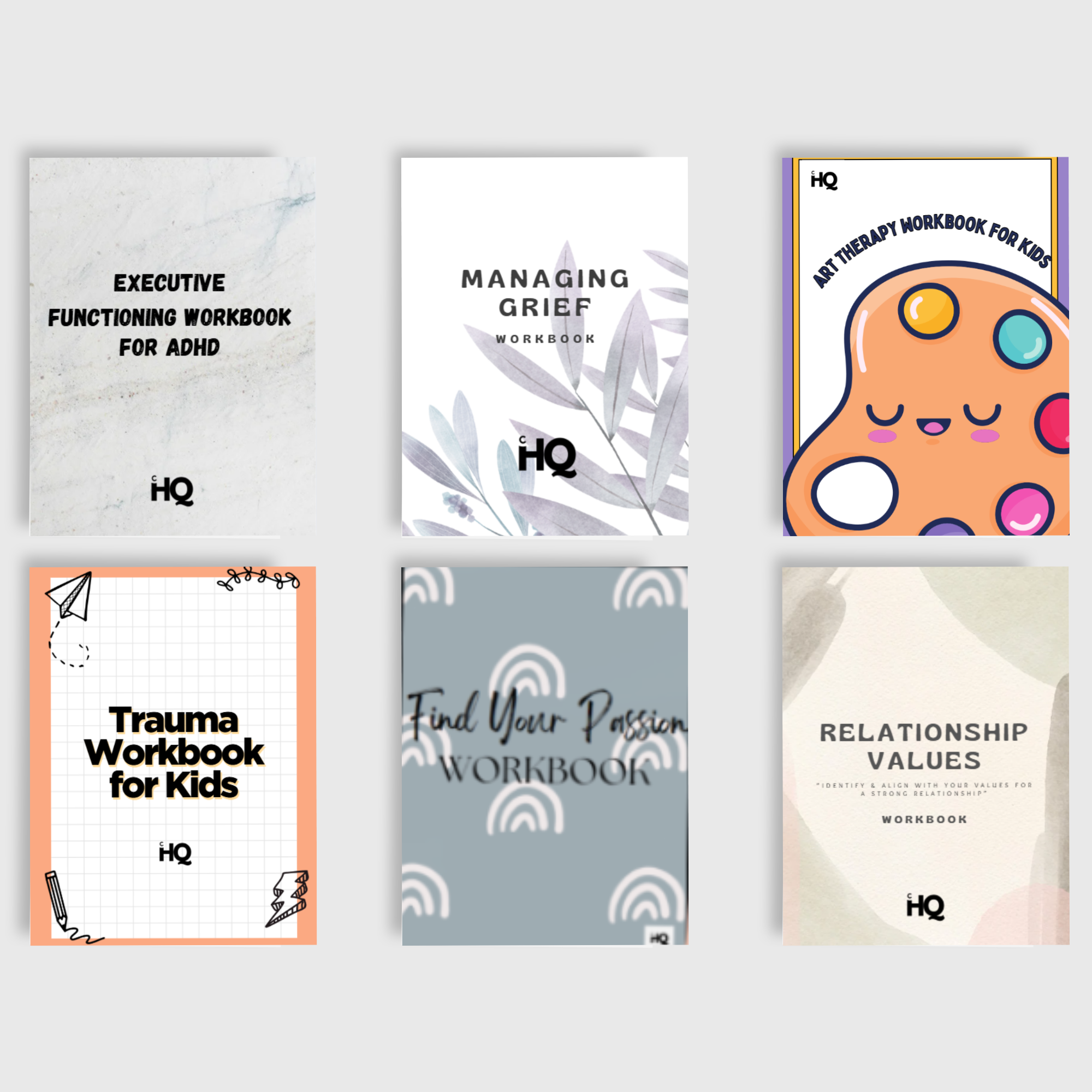 Six digital workbooks on mental health and personal growth, including topics like ADHD, grief management, art therapy for kids, trauma, finding passion, and relationship values.