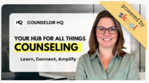 A smiling woman with glasses sits in front of a sign reading 'Counselor HQ' and 'Your hub for all things counseling.' The sign includes the phrases 'Learn, Connect, Amplify' and a logo saying 'Powered by Skoo!'