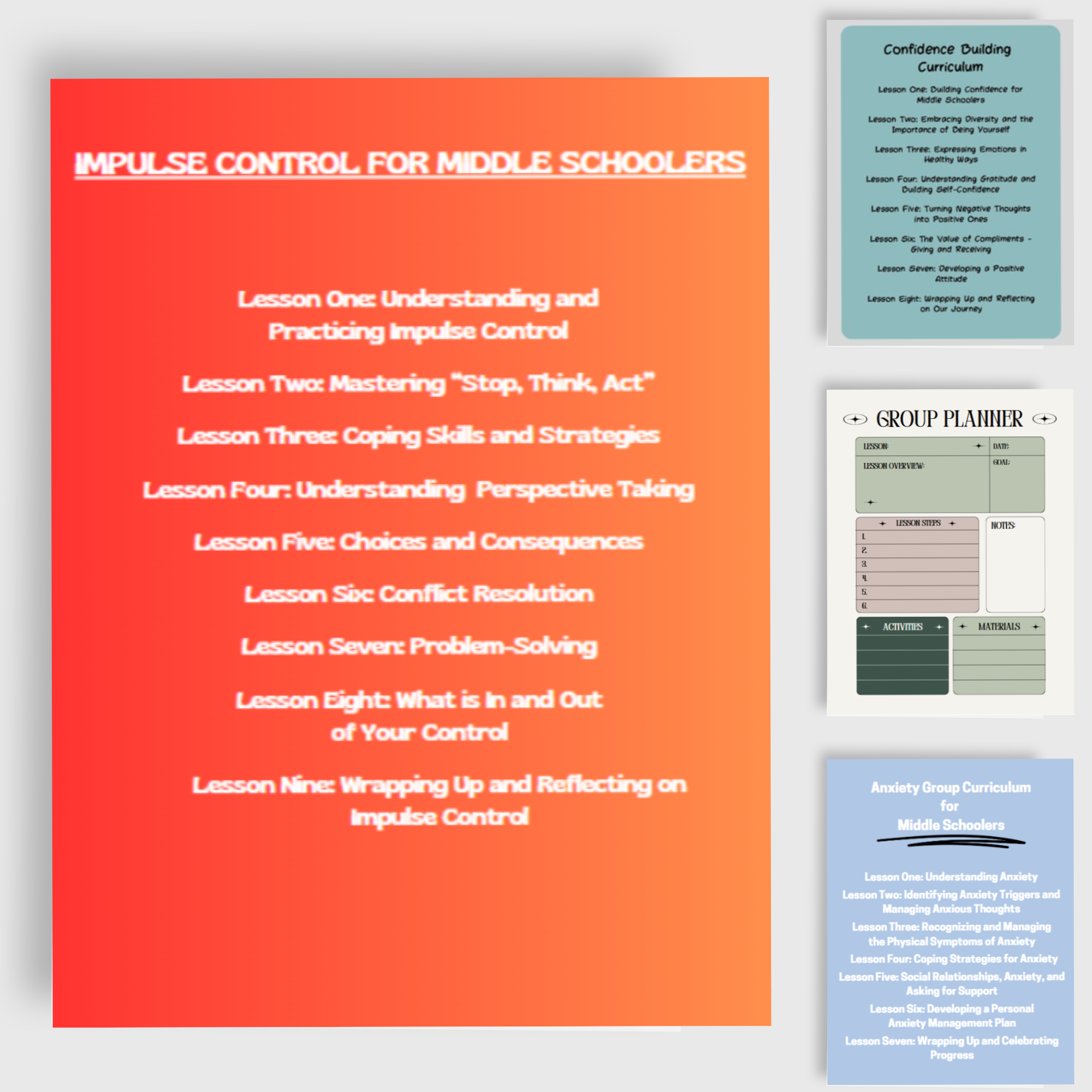 A red-orange background with a list of lessons titled "Impulse Control for Middle Schoolers" and their topics, including understanding impulse control, mastering stop and think, coping skills, perspective taking, choices and consequences, conflict resolution, problem-solving, controlling what is in and out of control, and wrapping up reflections.