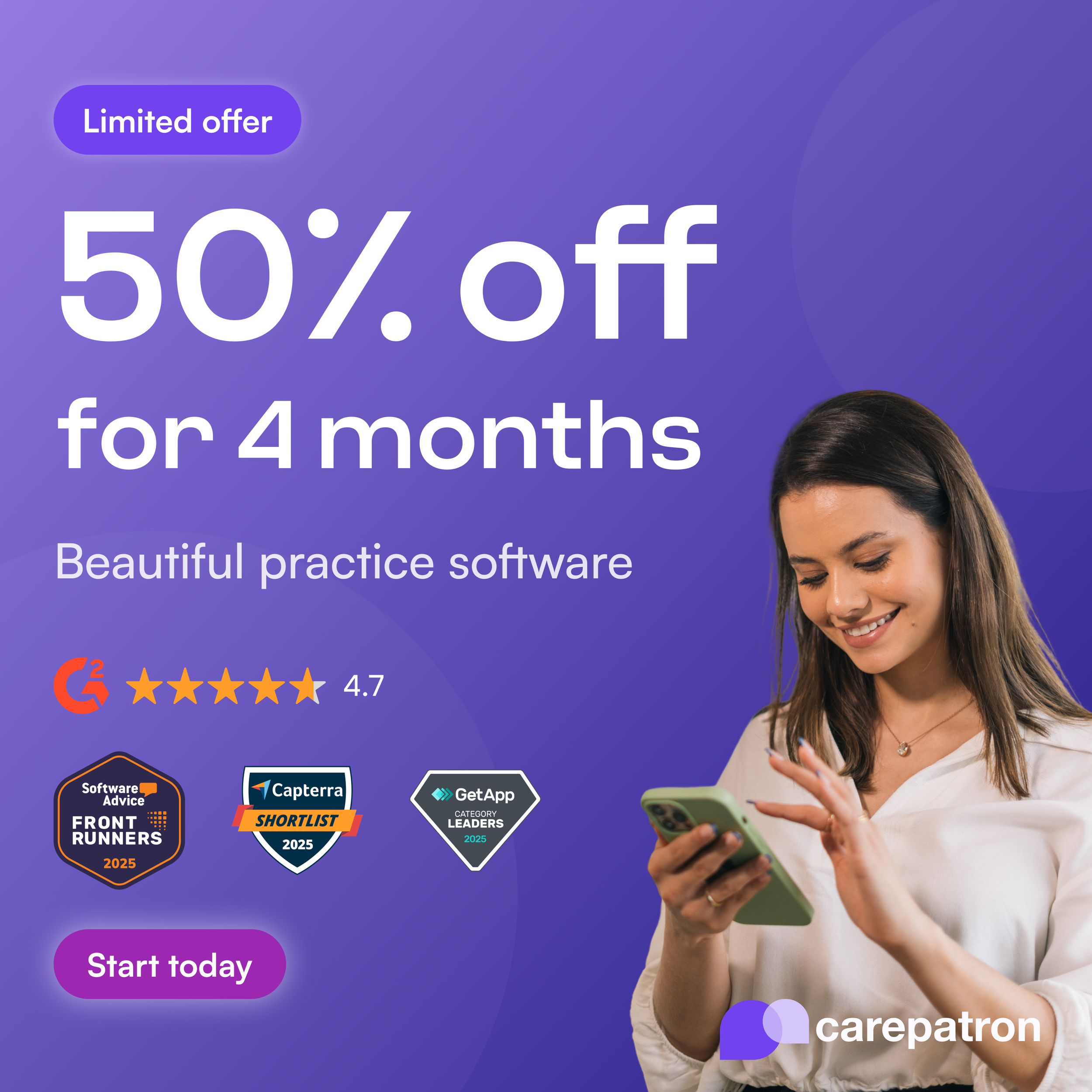 An advertisement for practice software offering 50% off for four months, featuring a smiling woman using a smartphone against a purple background.