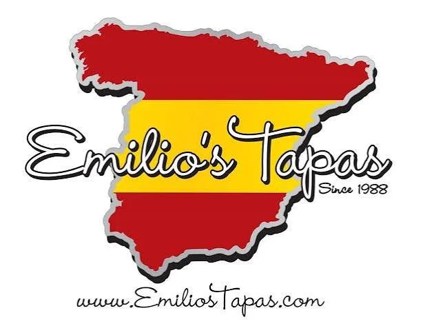 A graphic of Spain with the Spanish flag colors, overlaid with the text "Emilio's Tapas," "Since 1988," and the website "www.EmiliosTapas.com".