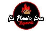 Logo of La Plancha Loca Taqueria with a flaming grill over the text.