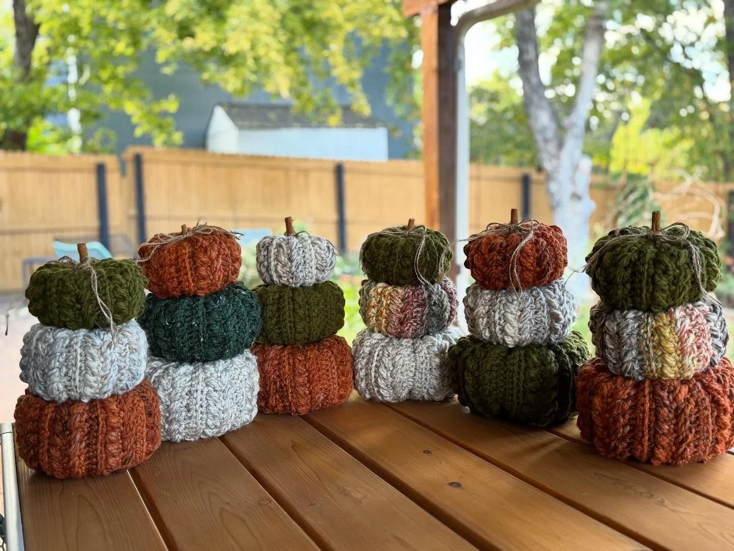 The 🎃 patch has exploded!! These sets are available for immediate delivery (Denver metro area) or shipping. Don&rsquo;t delay, get your fun, festive pumpkin trio today! Made with a hearty wool-blend yarn, each pumpkin comes with a removable cinnamon